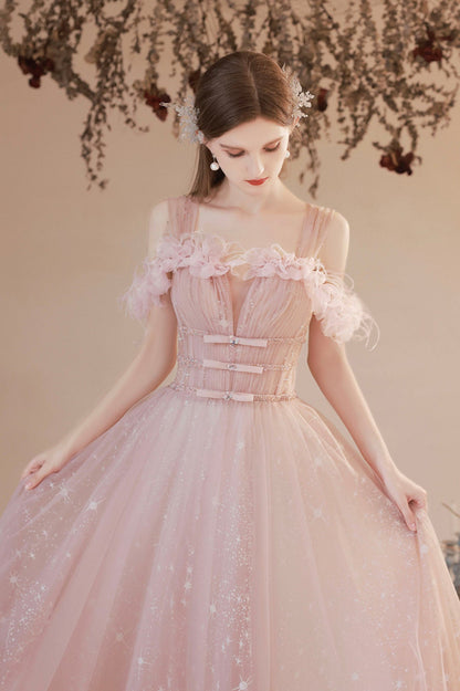 Pink Off the Shoulder Tulle Prom Dress, Pink Long Formal Dress