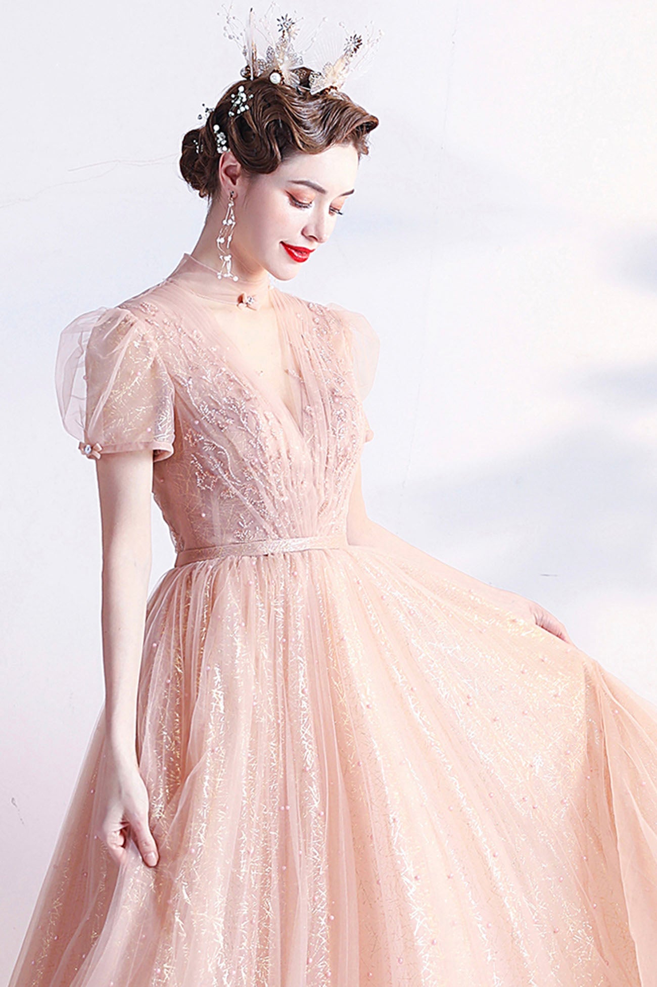 Pink Tulle Beaded Tea Length Prom Dress, A-Line Evening Party Dress