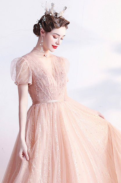 Pink Tulle Beaded Tea Length Prom Dress, A-Line Evening Party Dress