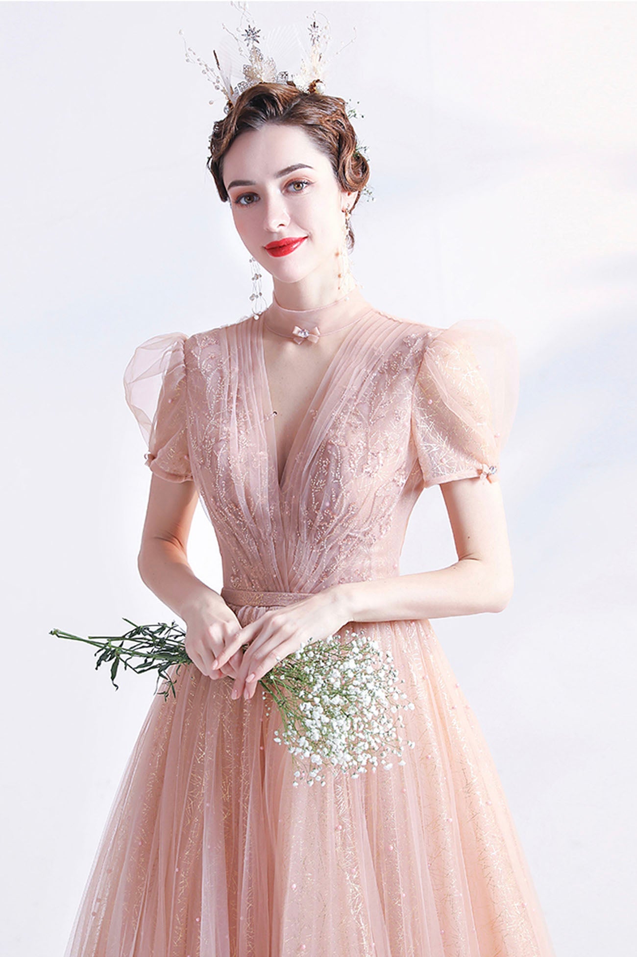 Pink Tulle Beaded Tea Length Prom Dress, A-Line Evening Party Dress