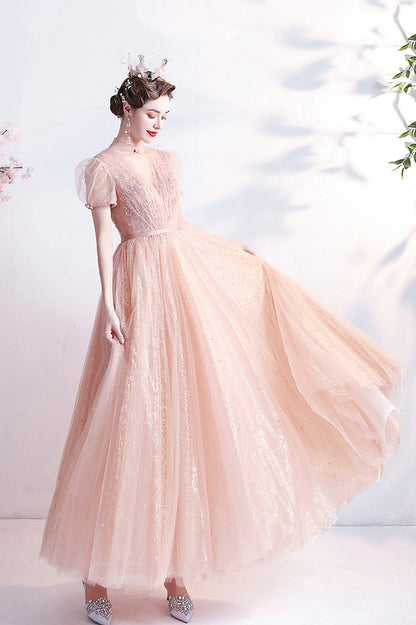 Pink Tulle Beaded Tea Length Prom Dress, A-Line Evening Party Dress