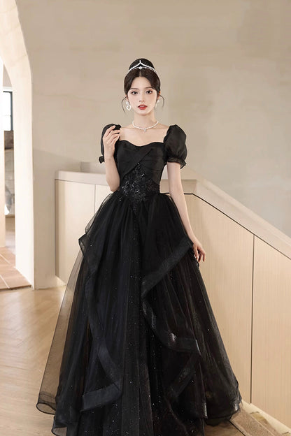A-Line Tulle Lace Short Sleeve Prom Dress, Lovely Floor Length Evening Party Dress