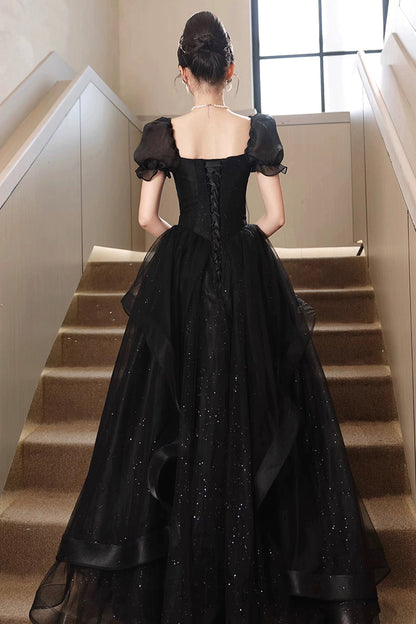 A-Line Tulle Lace Short Sleeve Prom Dress, Lovely Floor Length Evening Party Dress