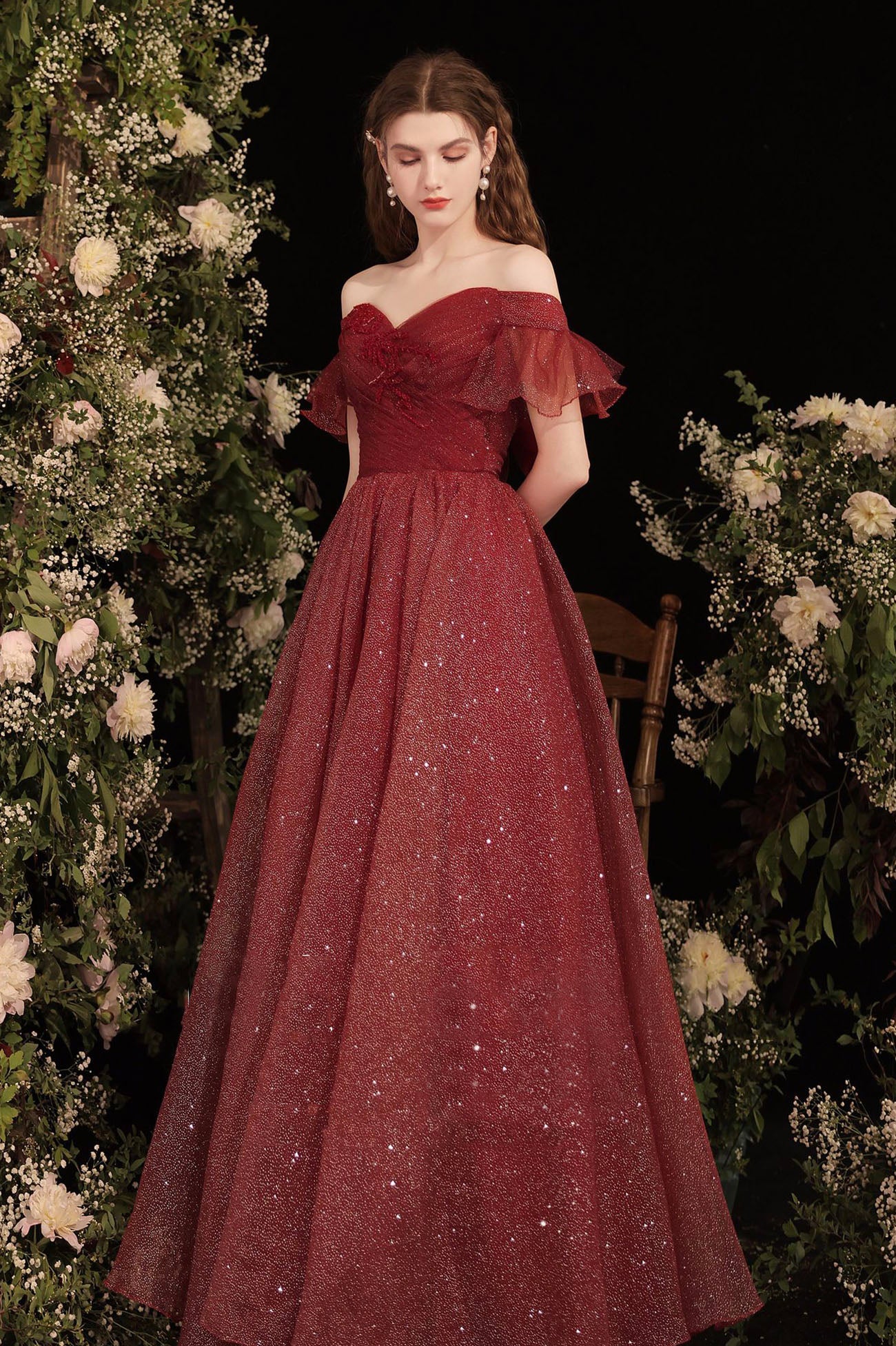 Burgundy Shiny Tulle Long Prom Dress, Burgundy Evening Party Dress