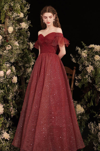 Burgundy Shiny Tulle Long Prom Dress, Burgundy Evening Party Dress