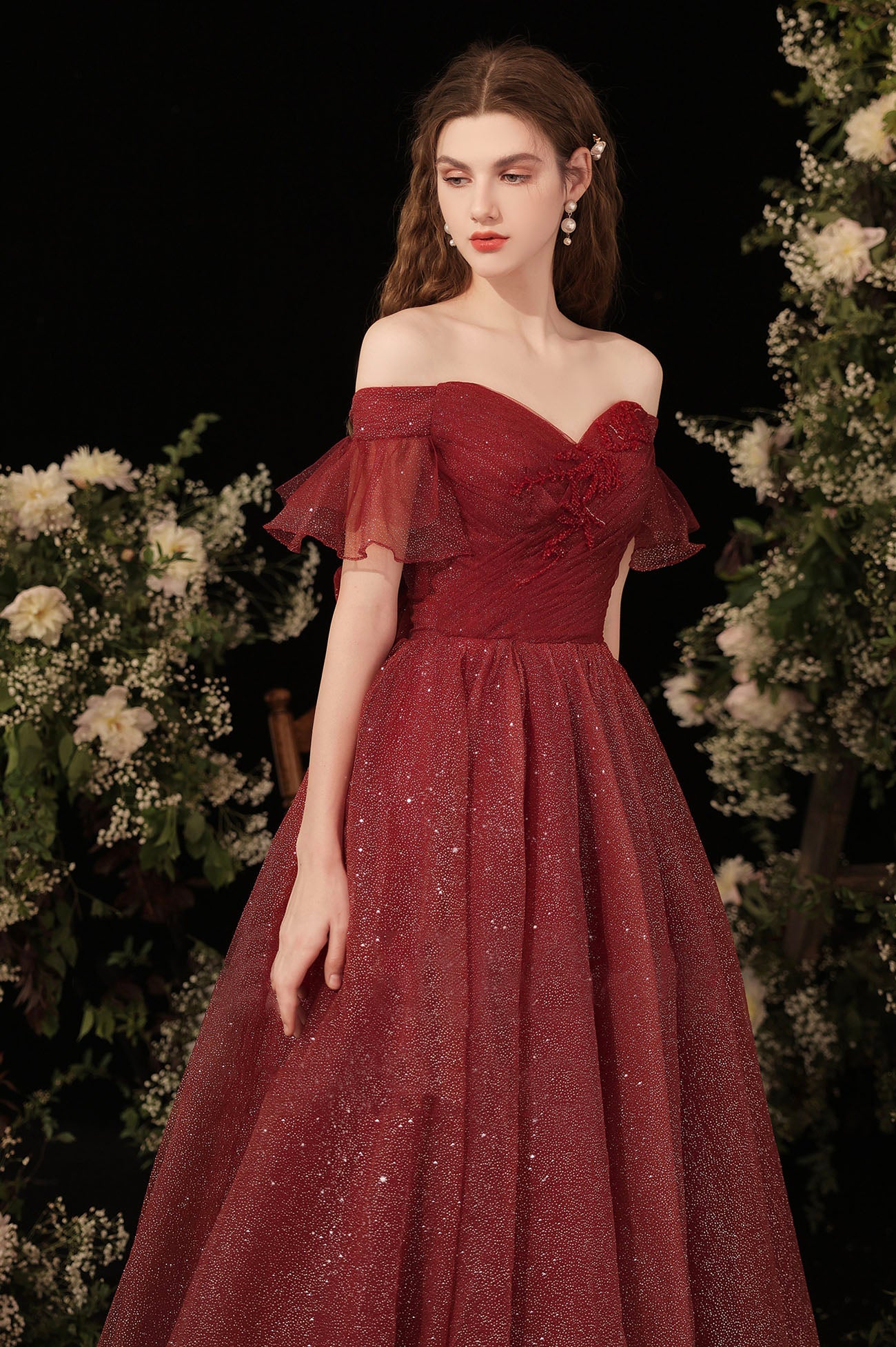 Burgundy Shiny Tulle Long Prom Dress, Burgundy Evening Party Dress