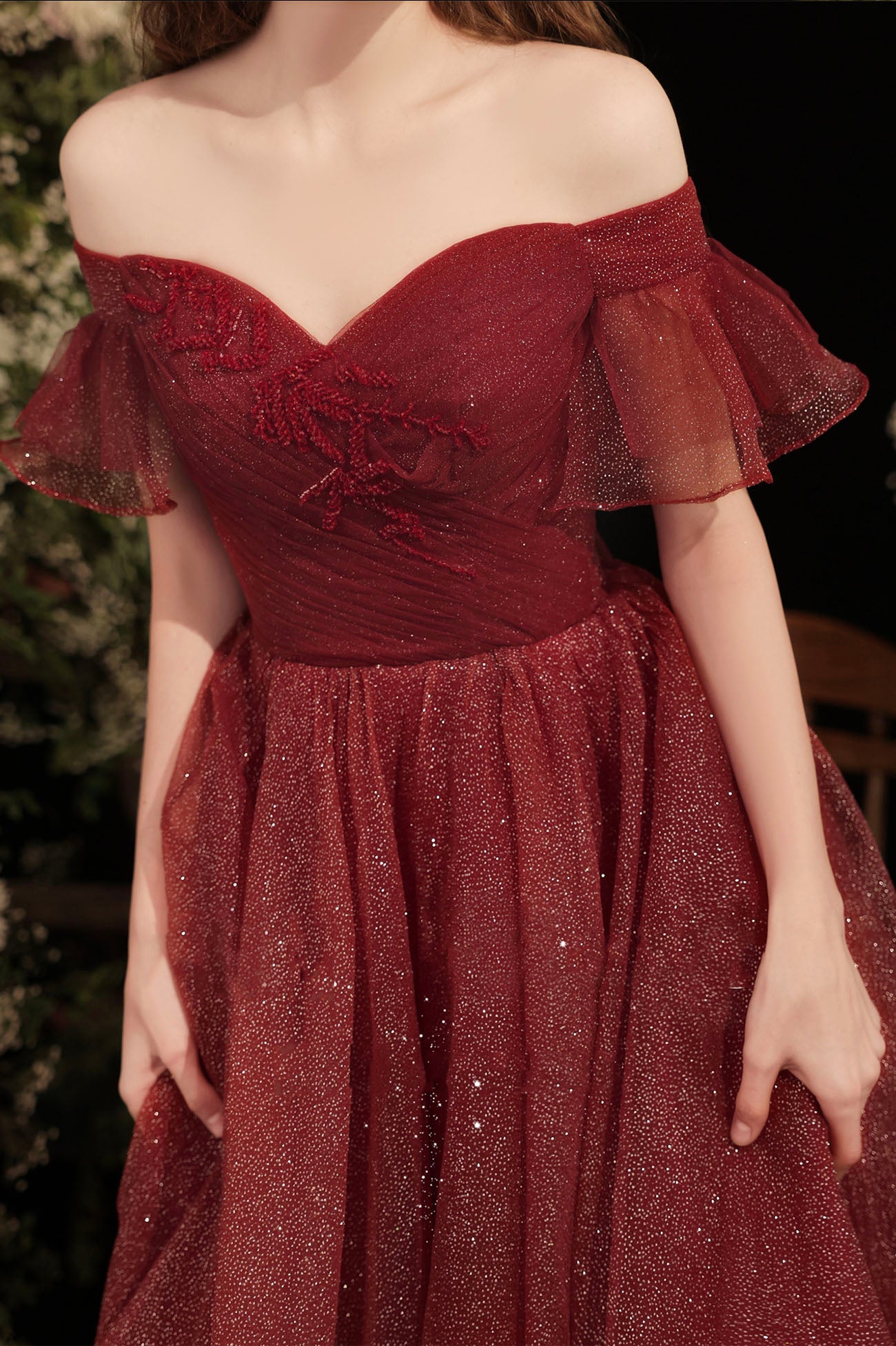 Burgundy Shiny Tulle Long Prom Dress, Burgundy Evening Party Dress