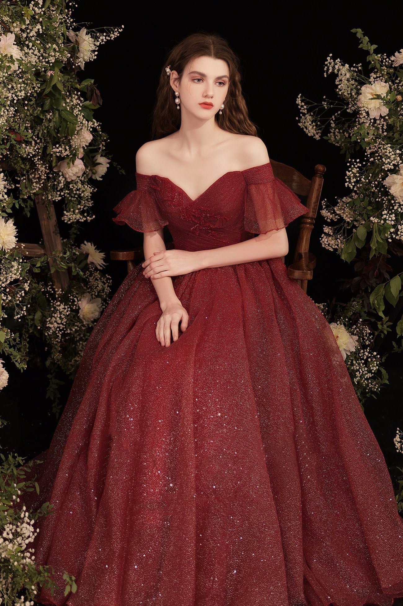 Burgundy Shiny Tulle Long Prom Dress, Burgundy Evening Party Dress