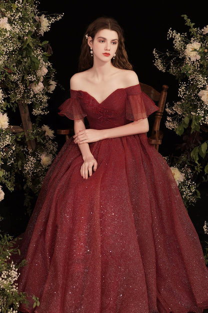 Burgundy Shiny Tulle Long Prom Dress, Burgundy Evening Party Dress