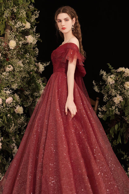 Burgundy Shiny Tulle Long Prom Dress, Burgundy Evening Party Dress