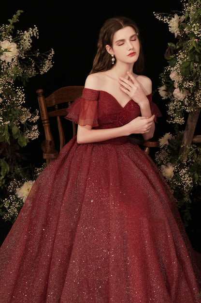 Burgundy Shiny Tulle Long Prom Dress, Burgundy Evening Party Dress