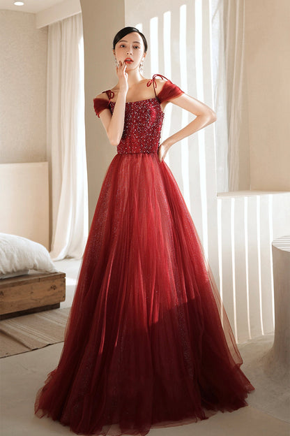 Burgundy Tulle Beaded Long Formal Dress,  Spaghetti Straps A-line Prom Dress
