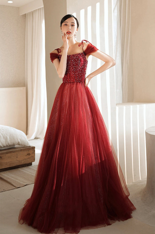 Burgundy Tulle Beaded Long Formal Dress,  Spaghetti Straps A-line Prom Dress