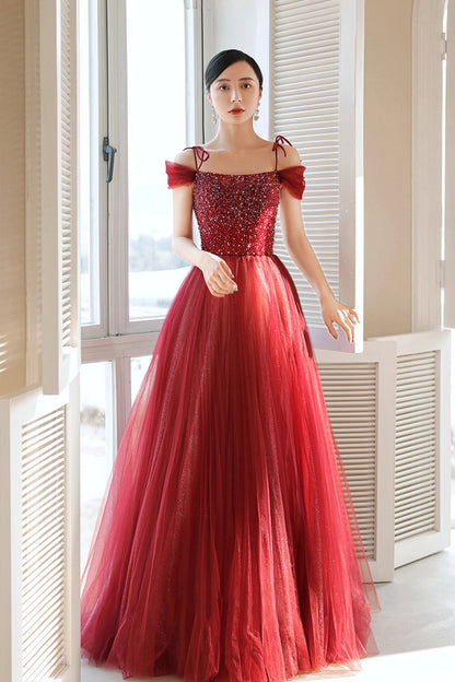 Burgundy Tulle Beaded Long Formal Dress,  Spaghetti Straps A-line Prom Dress