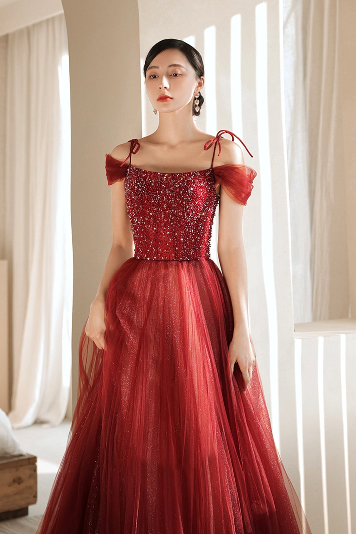 Burgundy Tulle Beaded Long Formal Dress,  Spaghetti Straps A-line Prom Dress