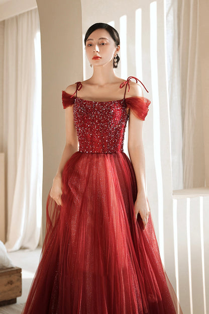Burgundy Tulle Beaded Long Formal Dress,  Spaghetti Straps A-line Prom Dress