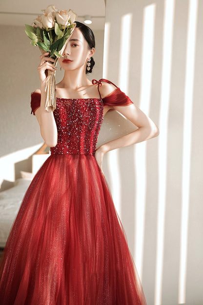 Burgundy Tulle Beaded Long Formal Dress,  Spaghetti Straps A-line Prom Dress