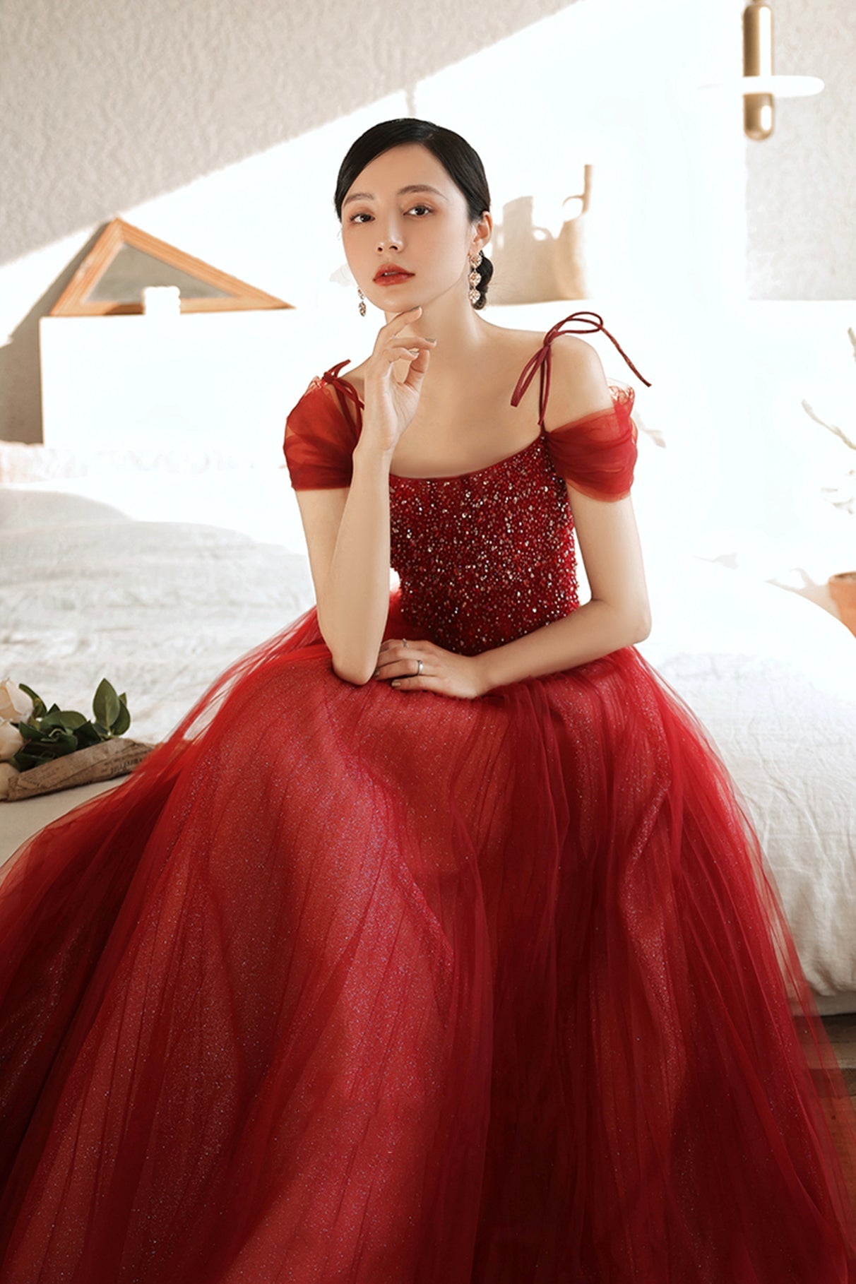 Burgundy Tulle Beaded Long Formal Dress,  Spaghetti Straps A-line Prom Dress