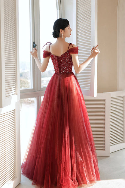 Burgundy Tulle Beaded Long Formal Dress,  Spaghetti Straps A-line Prom Dress