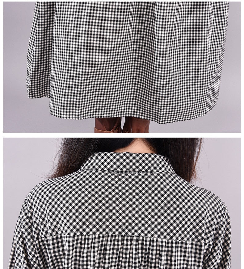 loveedsTM- Dresses for Women Loose Stitching Cotton and Linen Plaid Long-sleeved Dress Women's Lace-up Waist Midi Skirt  Elegantly