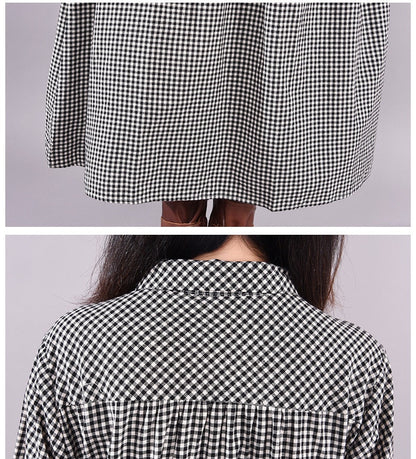 loveedsTM- Dresses for Women Loose Stitching Cotton and Linen Plaid Long-sleeved Dress Women's Lace-up Waist Midi Skirt  Elegantly