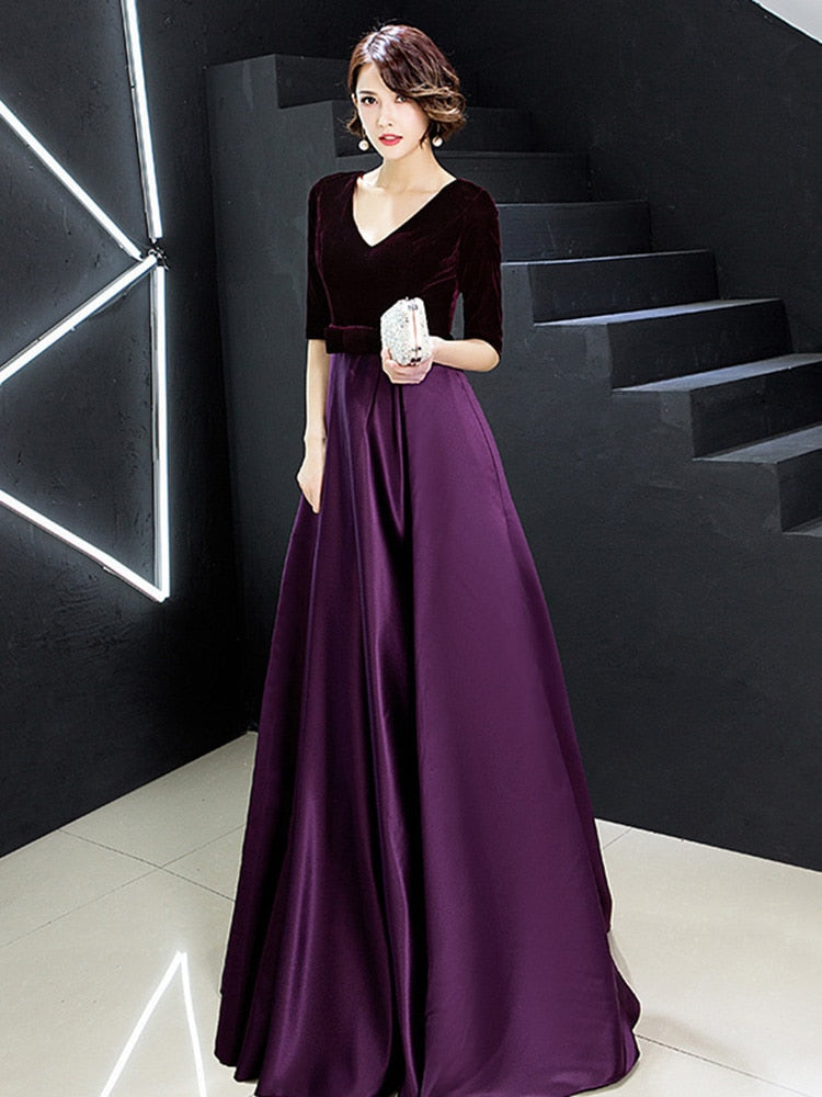 loveedsTM-V-neck Bow Waist A-line Satin Evening Dresses Short-Sleeve Velour Formal Women Prom Dresses Elegant Graduation Party Gowns