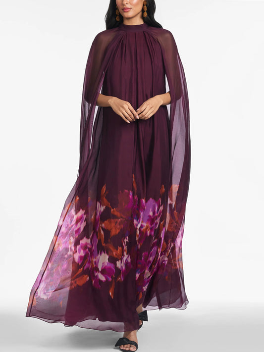 Elegant and Romantic Chiffon Printed Cape Women's Dress