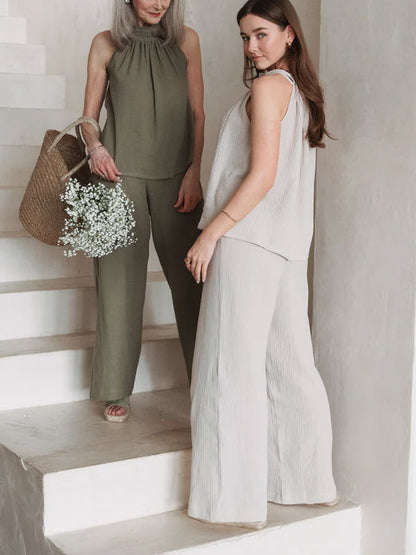 Fashion Hanging Neck Cotton Linen Women's Sets