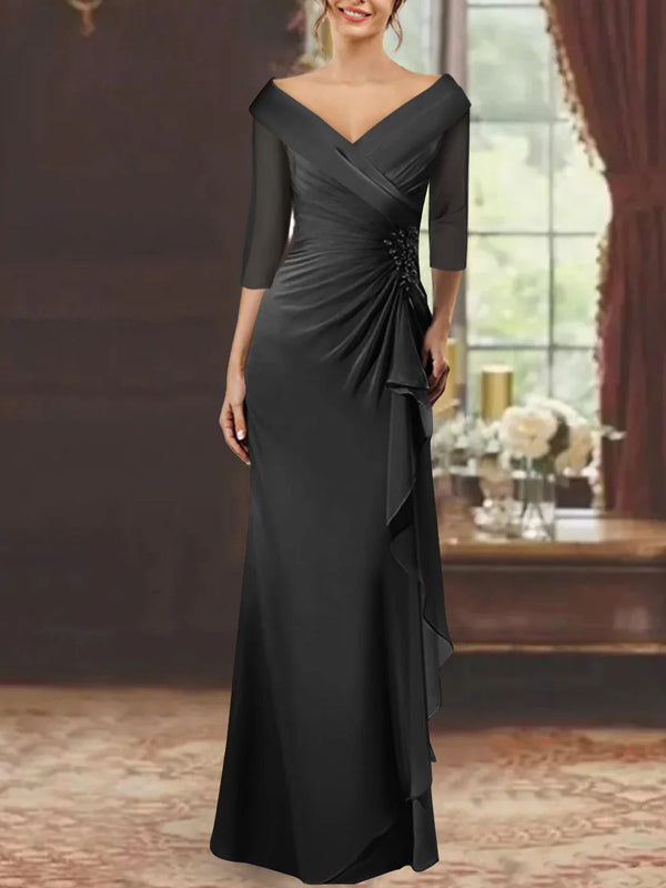 Sheath/Column V-Neck Half Sleeves Floor-Length Mother of the Bride Dresses with Ruffles & Appliques