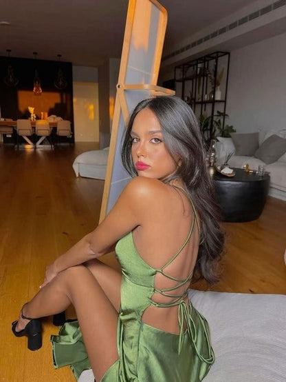 Green Simple A Line Spaghetti Straps Satin Open Back Prom Dress Evening Dress with Slit SH3784