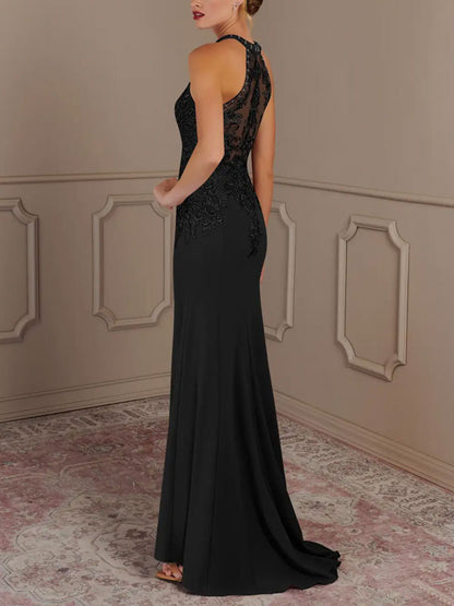 Mermaid Halter Lace Stretch Crepe Sweep Train Dress