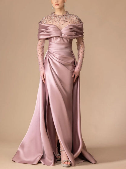 Round Neck Lace Long Sleeve Solid Color Maxi Dress