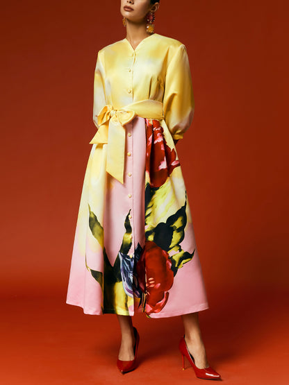Yellow Satin Floral Pocket Midi Dress