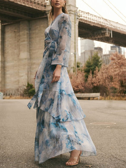 Blue V-neck Print Maxi Dress