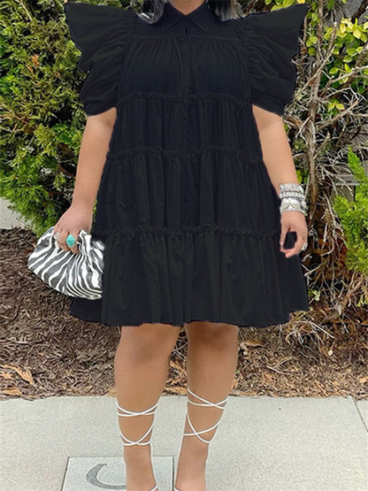 loveedsTM- Dresses for Women Solid Loose Pleated Puff Sleeve Casual Ball Gown Shirts Midi Dress S-2xl