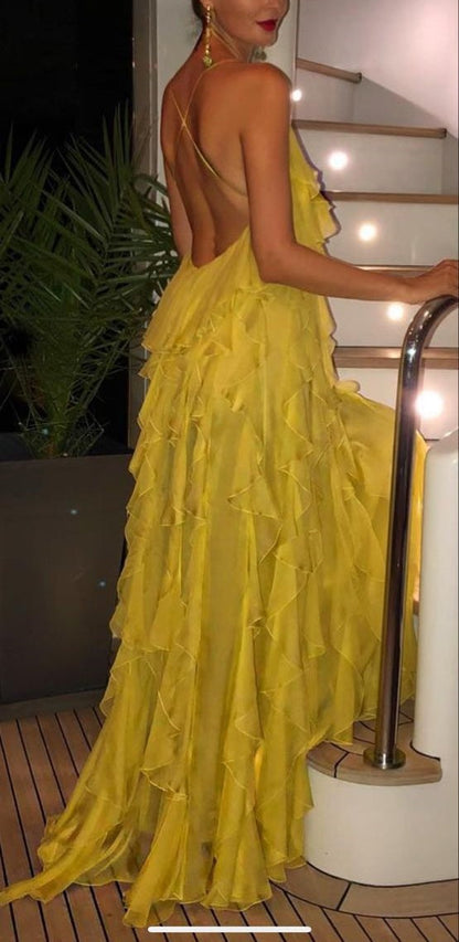 Yellow latest fashion chiffon long simple comfortable ball gown evening dress wedding guest dress gh4728