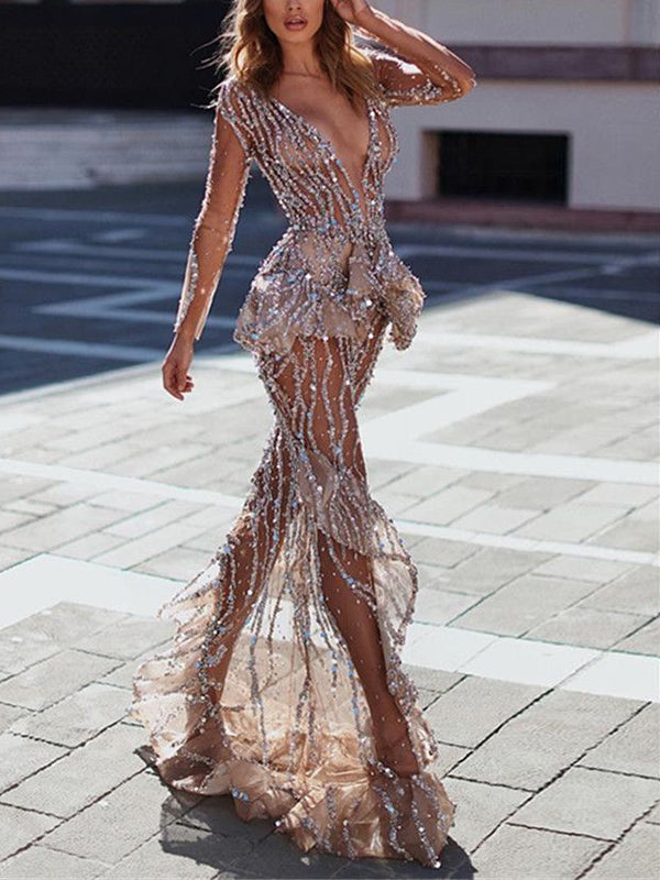 V-neck Sequins Solid Color Gown