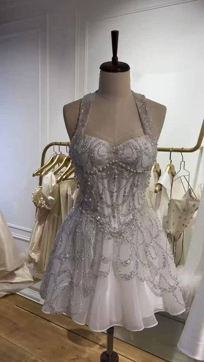 Ivory White Beaded Sweet Short Tulle Homecoming Dress Prom Party Dress gh4979