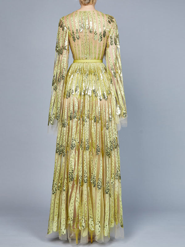 V-neck Lace Solid Color Long Sleeves Maxi Dress