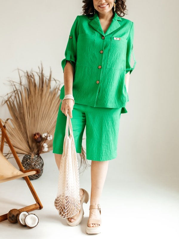 Simple Casual Shirt Shorts Ladies Sets