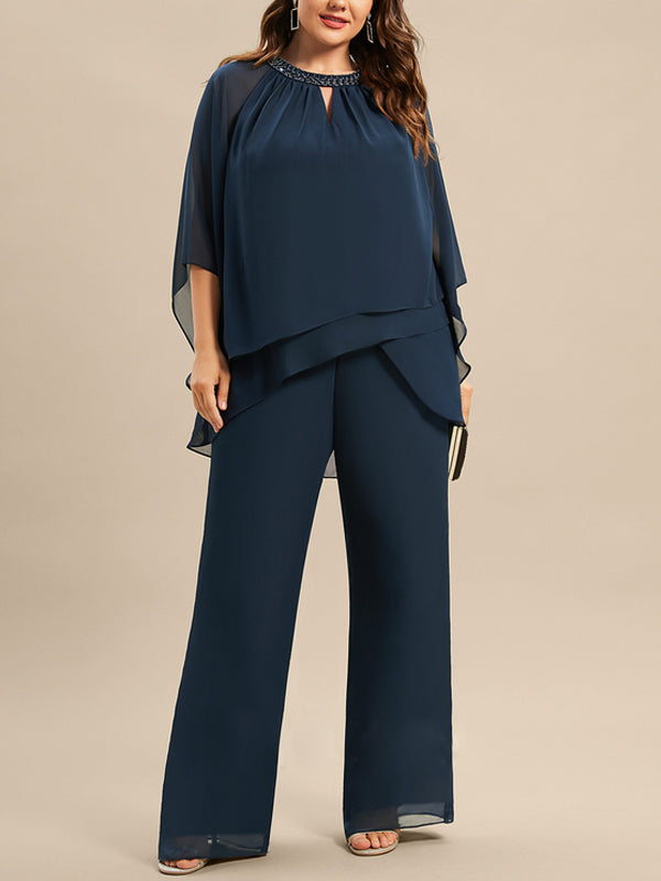 Chiffon Mother Sequin Top Trousers Suit