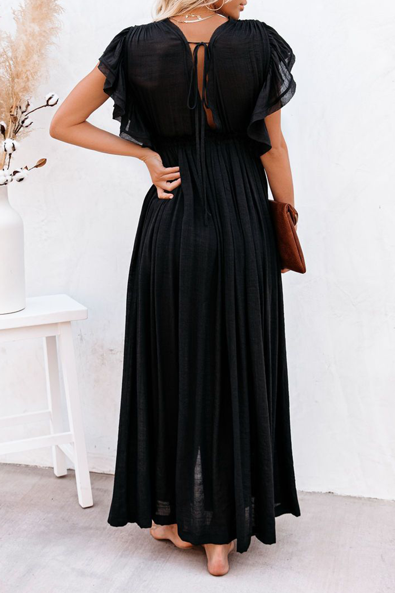 loveedsTM-Elegant Solid Frenulum Buckle V Neck A Line Dresses