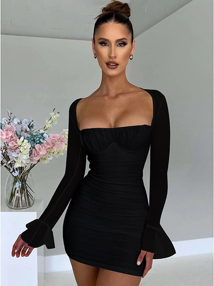 loveedsTM - Elegant Backless Sexy Mini Dress For Women Robe Two Layer Mesh Full Sleeve Zipper Bodycon Party Short Dress