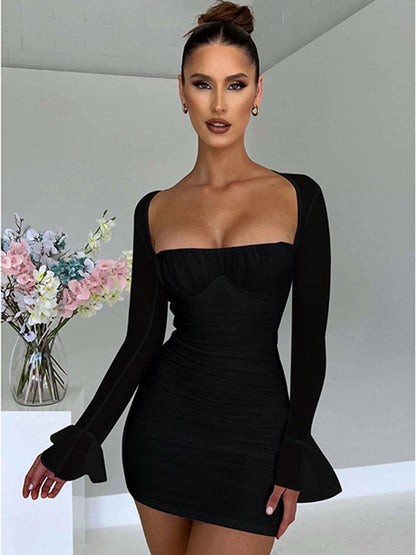 loveedsTM - Elegant Backless Sexy Mini Dress For Women Robe Two Layer Mesh Full Sleeve Zipper Bodycon Party Short Dress