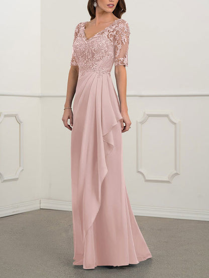 Floor-to-ceiling chiffon lace back zip bridal mom dress