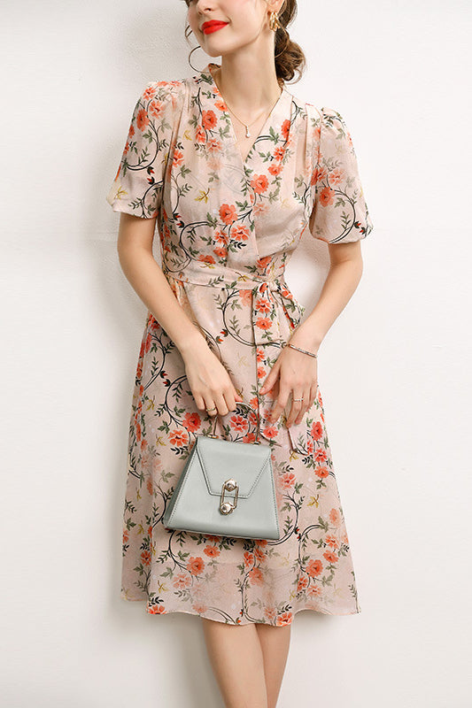 loveedsTM-French v-neck lace-up waist-cinching fairy print A-line dress