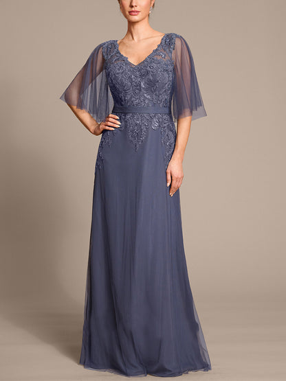 V-neck Mesh Lace Solid Color Maxi Dress