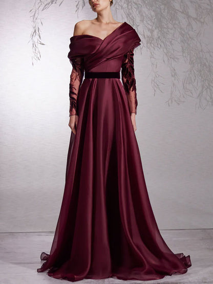 Asymmetric Off The Shoulder Velvet Leaves Dress