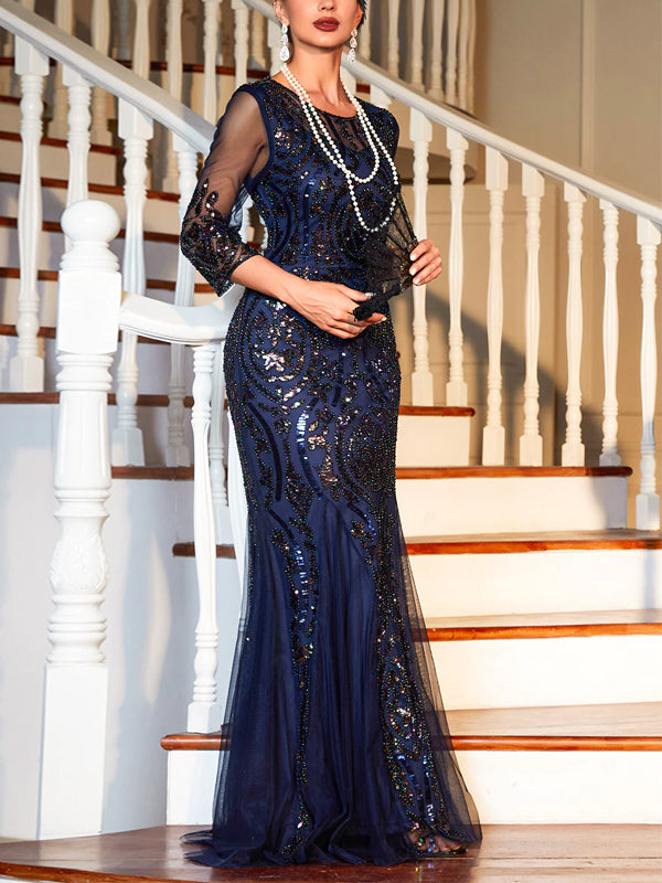 Round Neck Sequined Mesh Maxi Dress