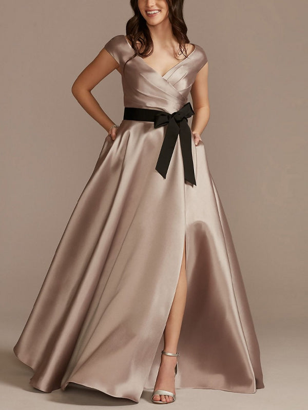 V-Neck Solid Satin Maxi Dress
